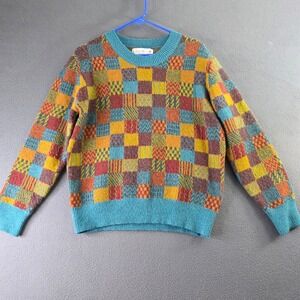 Knit Mix Multi Color Patchwork Checkerboard Crewneck Sweater Medium